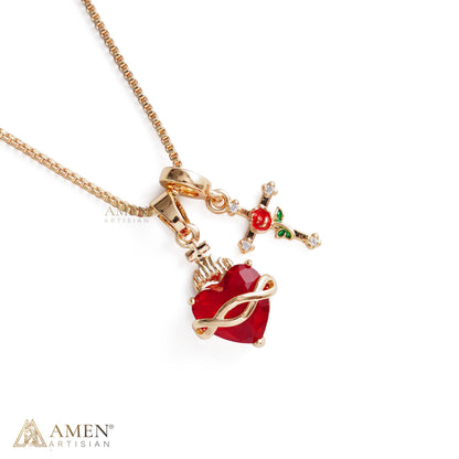 Zircon Sacred Heart & Rose Cross Double Pendant Necklace Amen Artisan