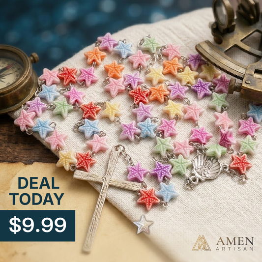 "Stella Maris" Starfish Rosary – Colorful Pastel Beads with Scallop Shell Medal & Textured Crucifix – Catholic Gift for Baptism, Confirmation & Ocean Lovers