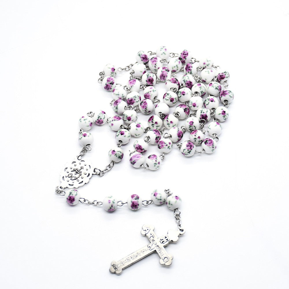Ceramic Virgin Mary Cross Bead Rosary Necklace