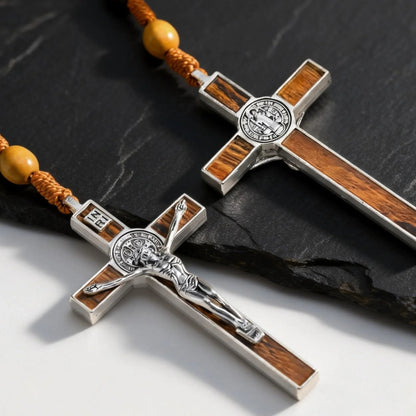 Woven Cord Wooden Rosary with St. Benedict Medal Cross - Sacred Blessing | Amen Artisan