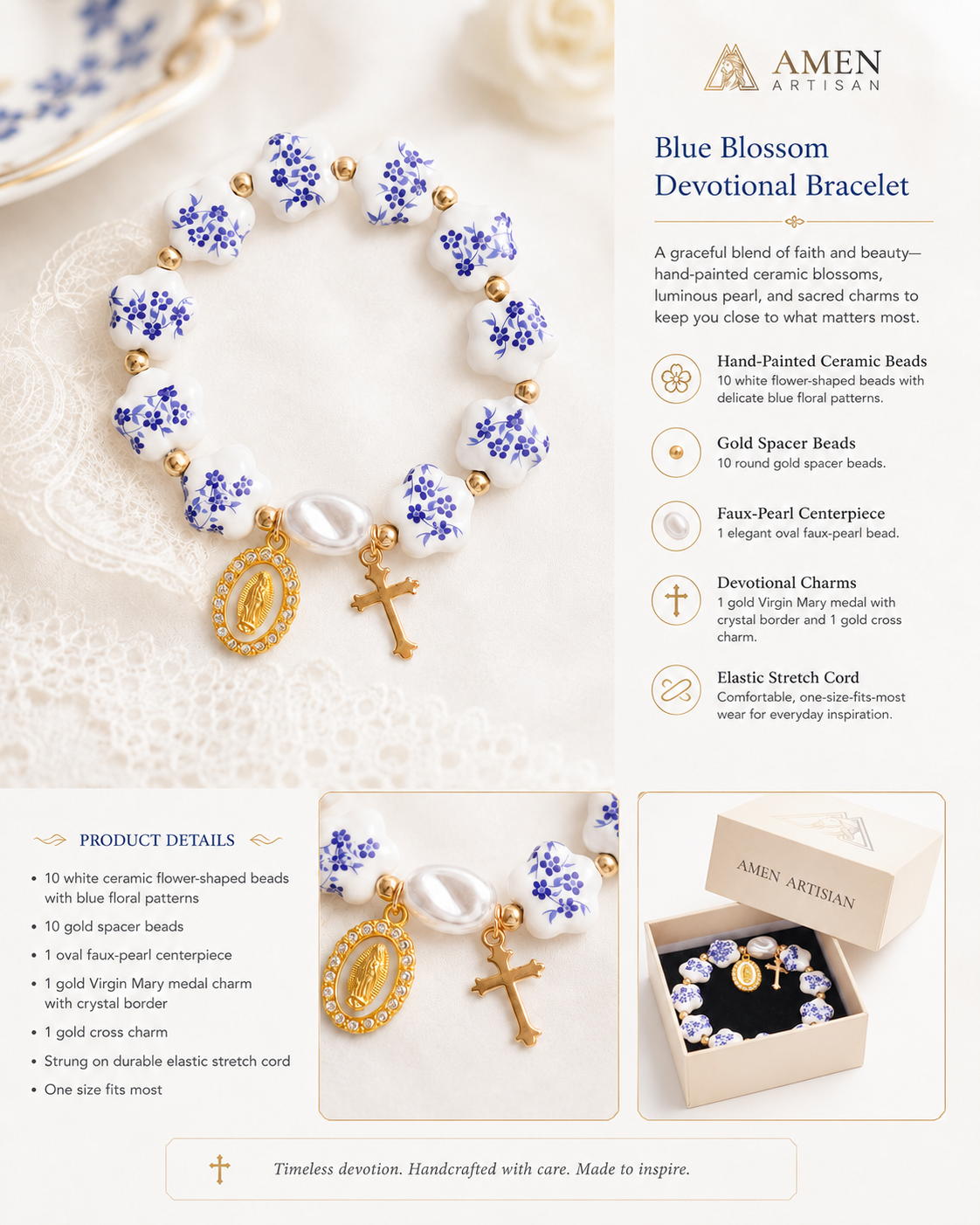 Blue Floral Ceramic Flower Bracelet with Virgin Mary Pendant - Faith & Peace | Amen Artisan