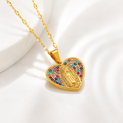 Colorful Crystal Our Lady Heart Necklace