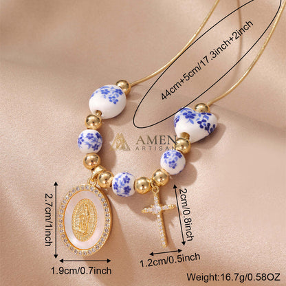 Floral Ceramic and Zircon Virgin Mary Cross Necklace Amen Artisan