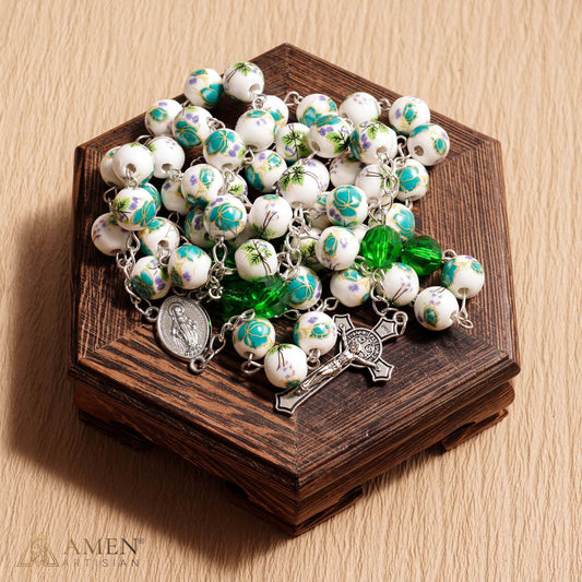 Cyan Floral Ceramic Rosary Amen Artisan