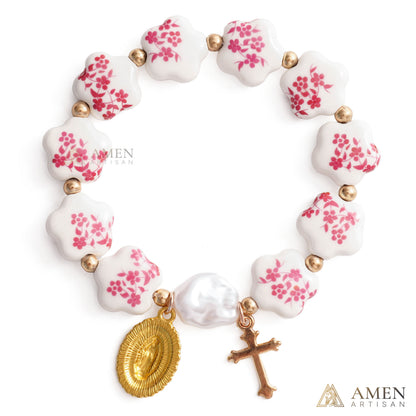 Blue Floral Ceramic Flower Bracelet with Virgin Mary Pendant - Faith & Peace | Amen Artisan