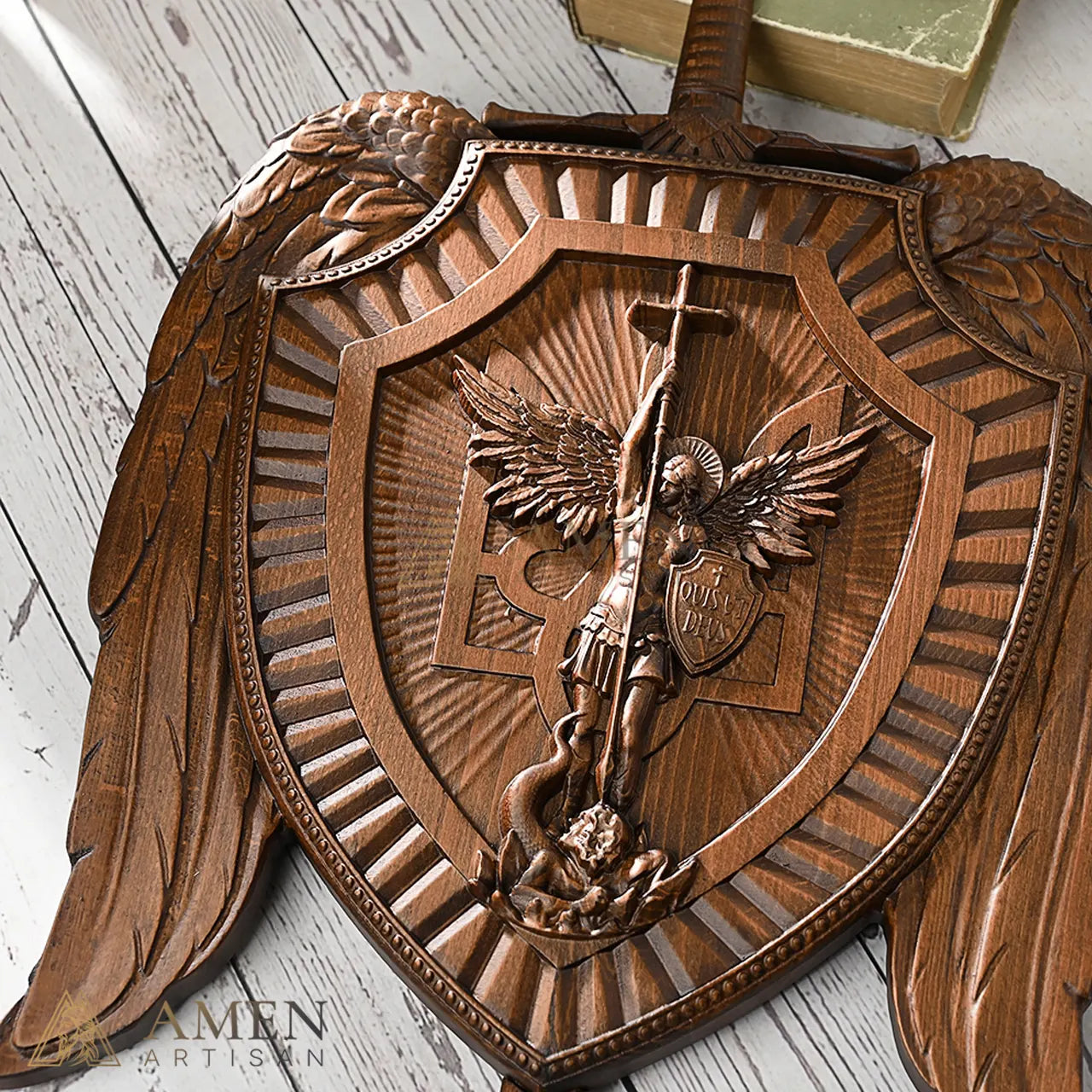 St Michael Wood Carving Amen Artisan