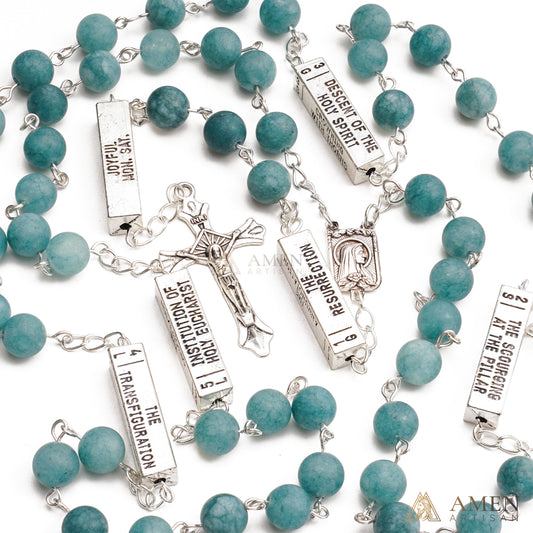 Matte Blue Chalcedony Bead Rosary with 5 Mysteries Amen Artisan
