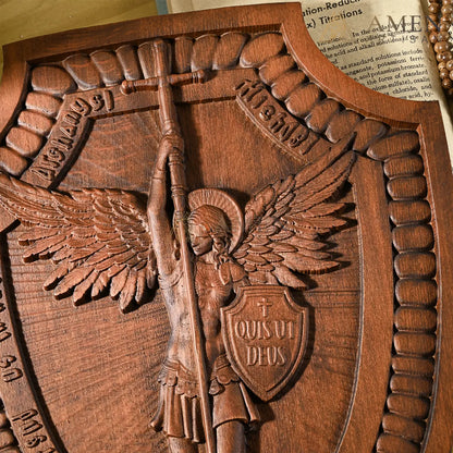 St Michael Wood Carving Amen Artisan