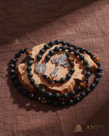 Natural Lava Stone & Tiger’s Eye Prayer Beads with Vintage-Style Crucifix |  Amen Artisan