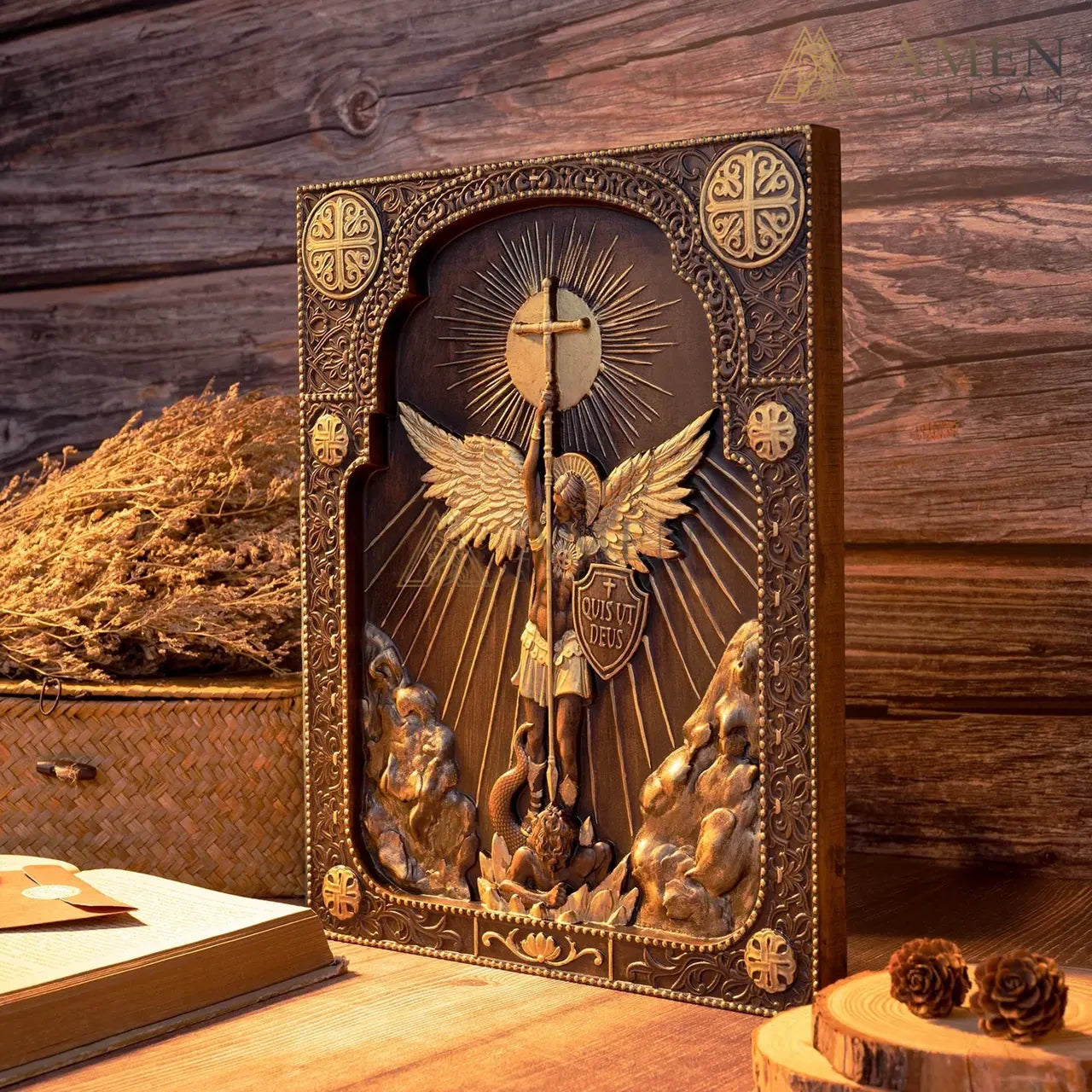 St Michael Wood Carving Amen Artisan