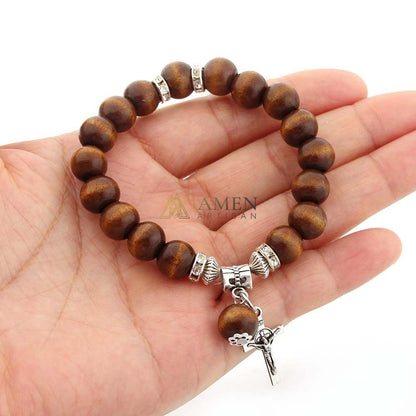 Amen Artisan Brown Wooden Beads Crucifix Elastic Cord Bracelet