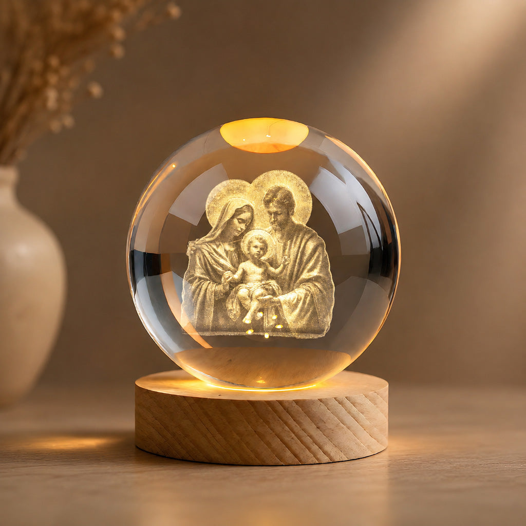 Holy Family Crystal Night Light with Warm Wooden Base — Home Blessing