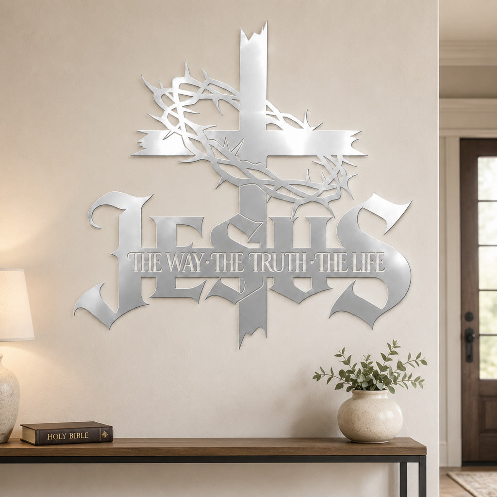 Jesus The Way The Truth The Life Metal Wall Art with Cross and Crown of Thorns — Faith