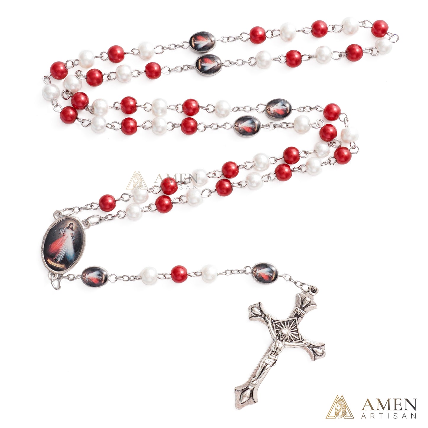 Divine Mercy Red & White Rosary with Crucifix - Faith & Protection | Amen Artisan