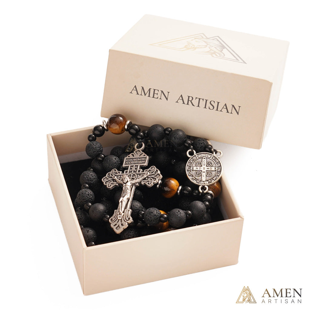 Natural Lava Stone & Tiger’s Eye Prayer Beads with Vintage-Style Crucifix |  Amen Artisan
