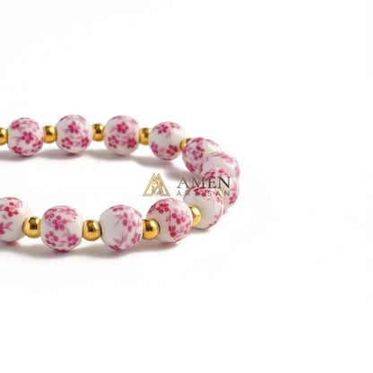 【Deal Today】Blue and White Pottery Beads & Baroque Pearl Elastic Cord Cross Bracelet