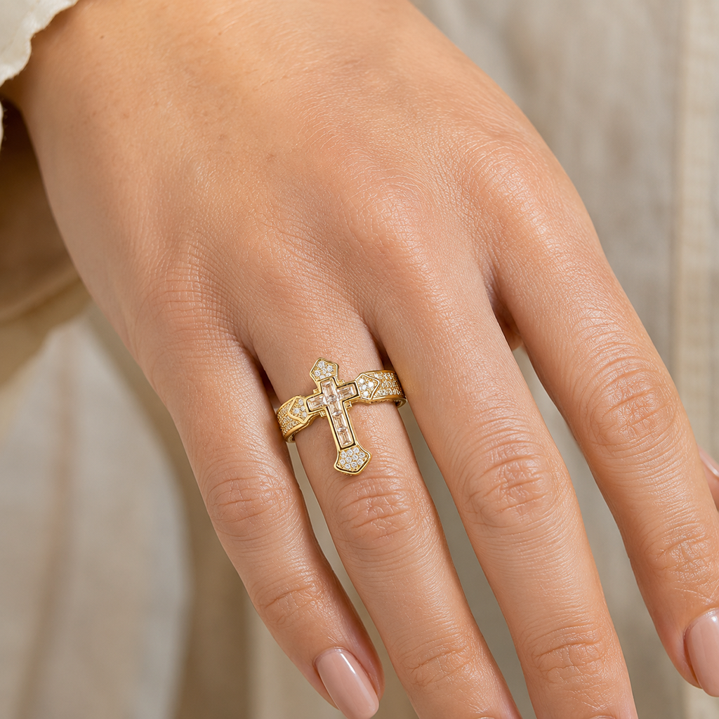 Sparkling Cross Statement Ring with Rhinestone Accents