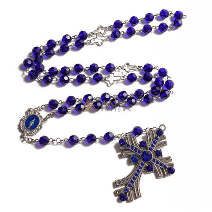 Royal Cobalt Blue Faceted Rosary – Jewel-Encrusted Art Deco Crucifix with Miraculous Medal – Sacred Devotional Prayer Beads