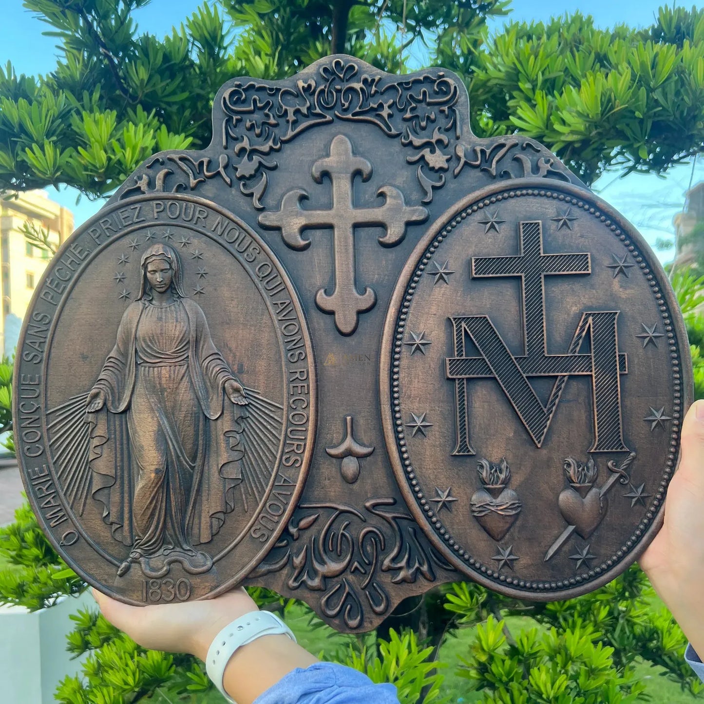 Miracle Medal Wood Carving Amen Artisan