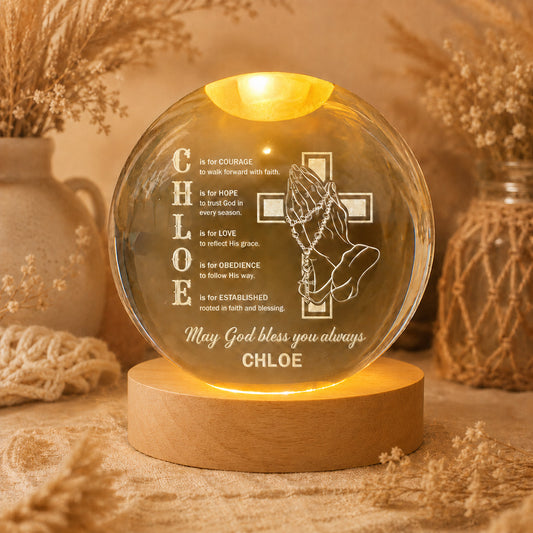【Deal Today】Personalized Name Faith Blessing Crystal Ball Night Light with Praying Hands & Cross Design — Blessing
