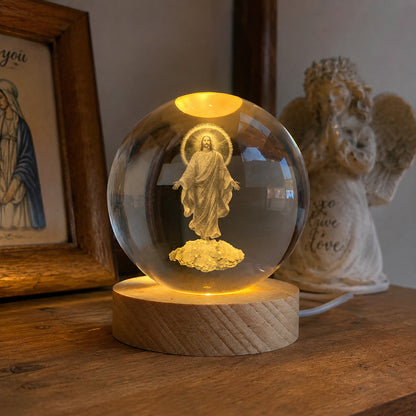 Jesus Christ Crystal Night Light with Warm Wooden Base