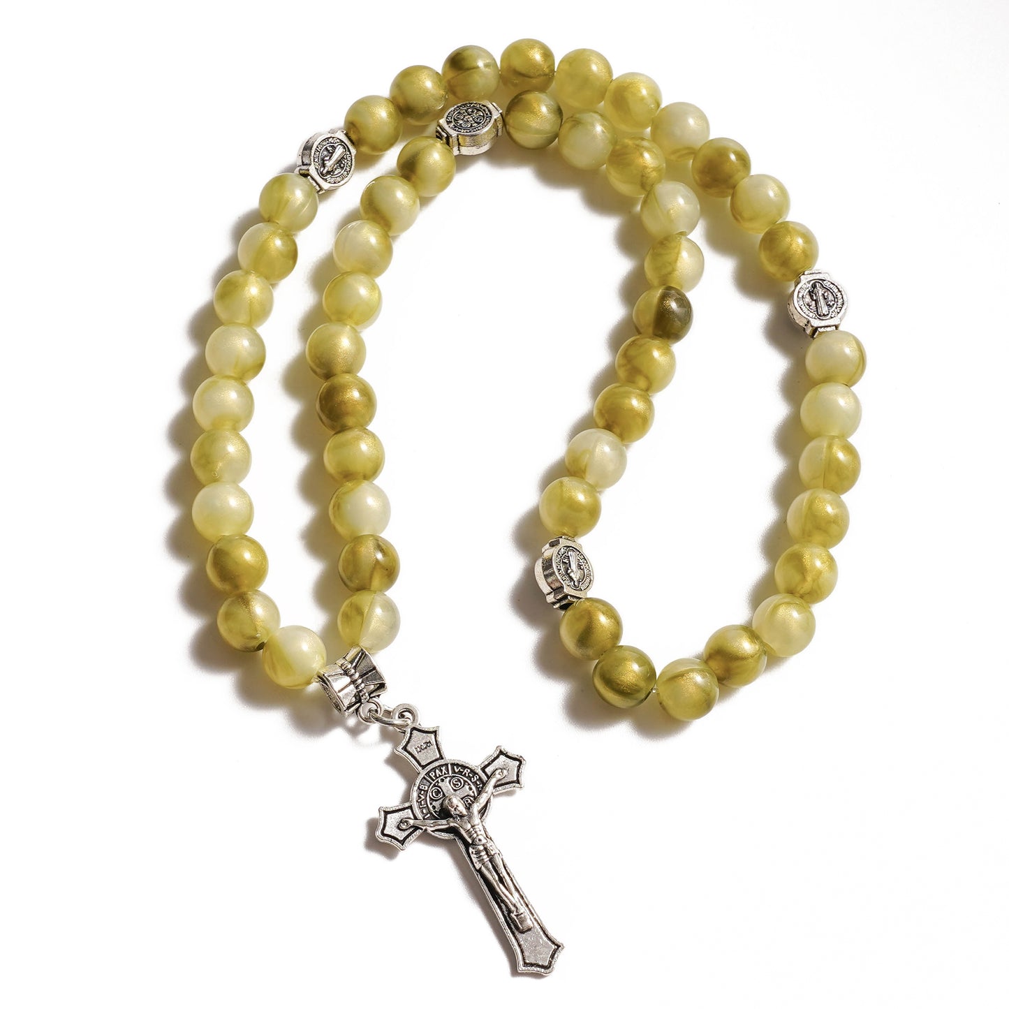 Olive Green Bead Stretch Rosary Bracelet with Cross Charm - Renewal, Comfort & Blessing |  Amen Artisan