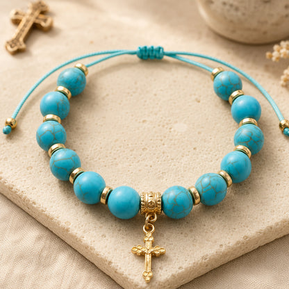 Adjustable Turquoise-Style Beaded Cross Bracelet