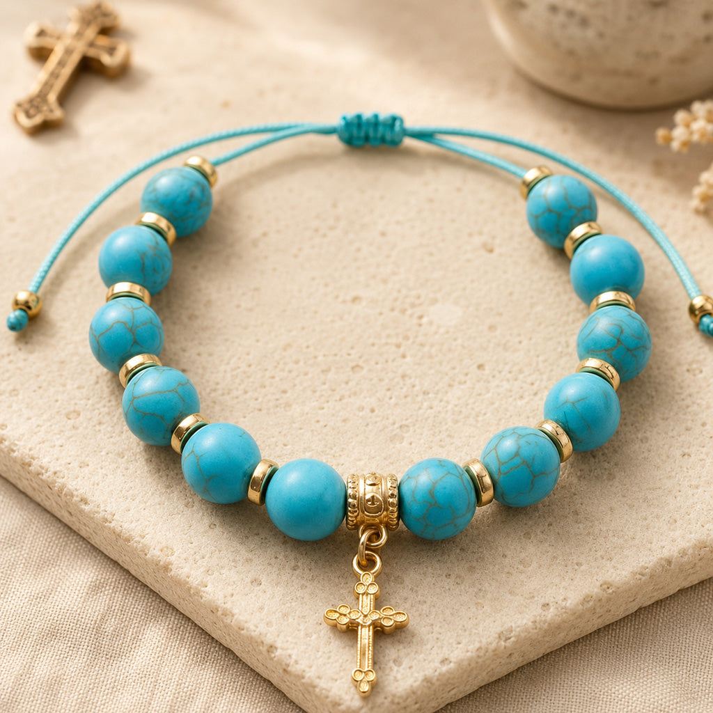 【DEAL TODAY】Adjustable Turquoise-Style Beaded Cross Bracelet