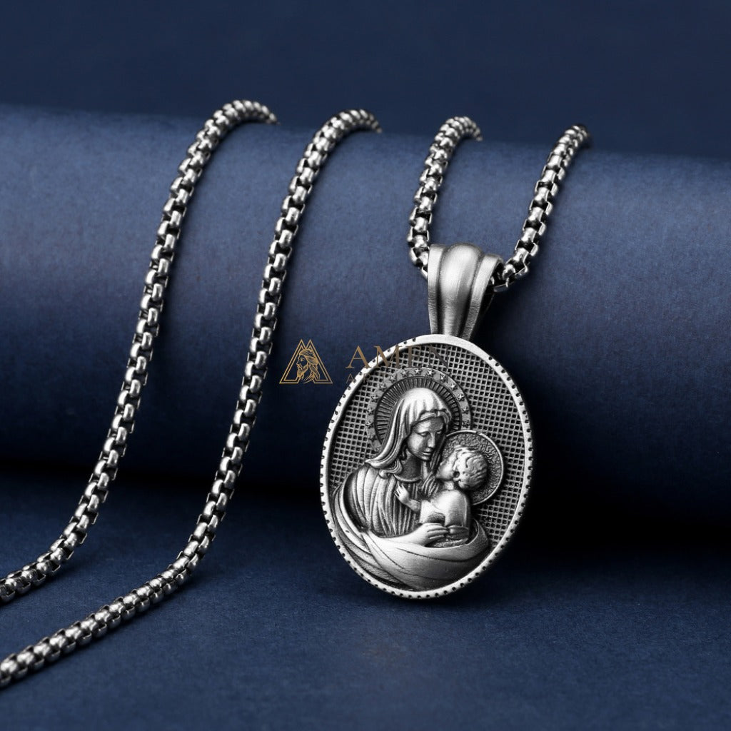 Virgin Mary & Child Oval Pendant Necklace Amen Artisan