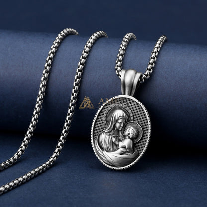 Virgin Mary & Child Oval Pendant Necklace Amen Artisan