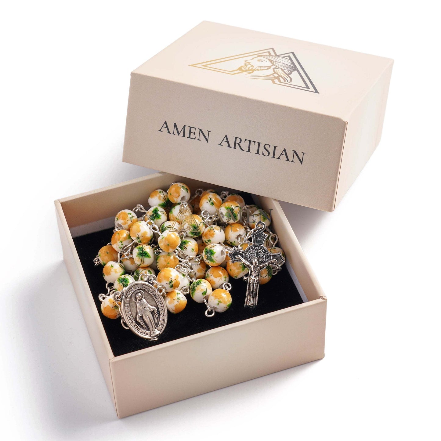 Yellow Peony Ceramic Rosary Amen Artisan