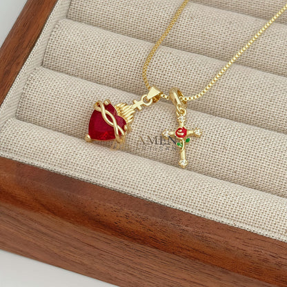 Zircon Sacred Heart & Rose Cross Double Pendant Necklace Amen Artisan