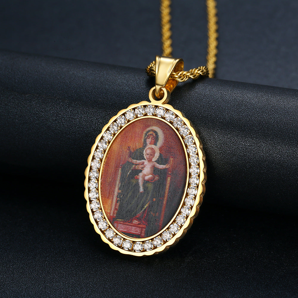 Holy Mother Photo Memorial Titanium Steel Zircon Necklace Amen Artisan