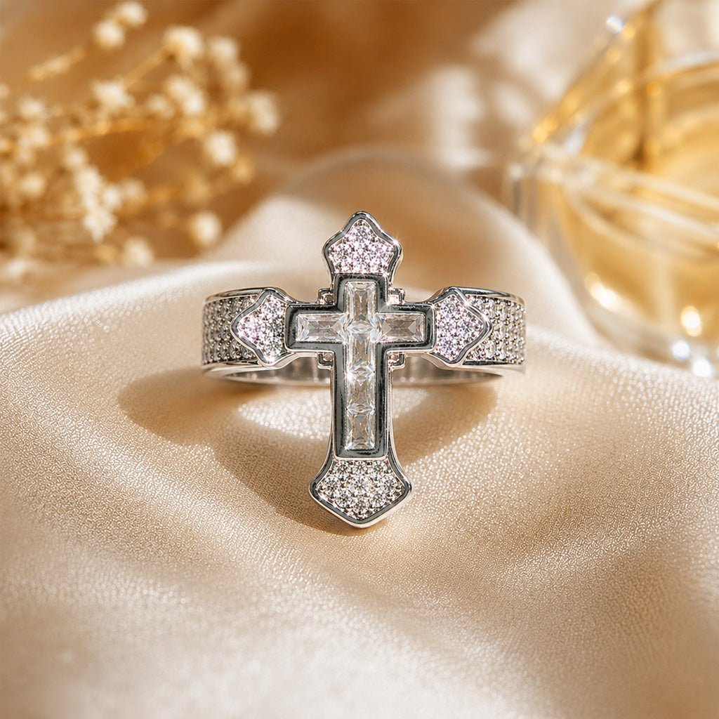 Sparkling Cross Statement Ring with Rhinestone Accents