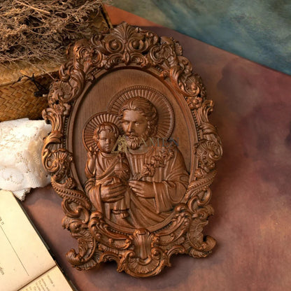 St. Joseph & Child Jesus Wood Carving