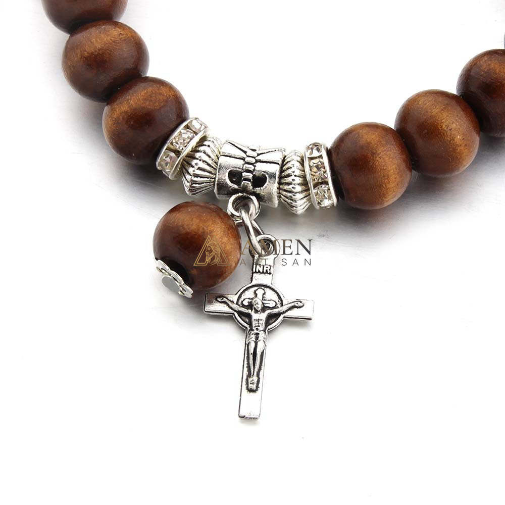 Amen Artisan Brown Wooden Beads Crucifix Elastic Cord Bracelet