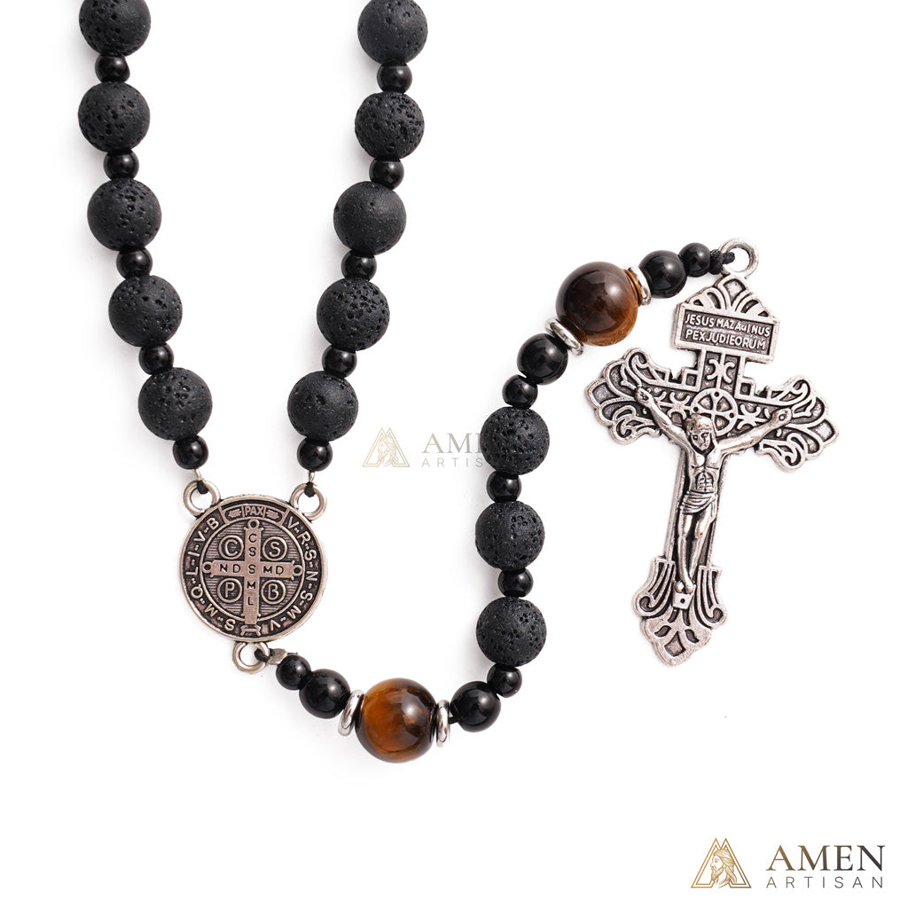 Natural Lava Stone & Tiger’s Eye Prayer Beads with Vintage-Style Crucifix |  Amen Artisan