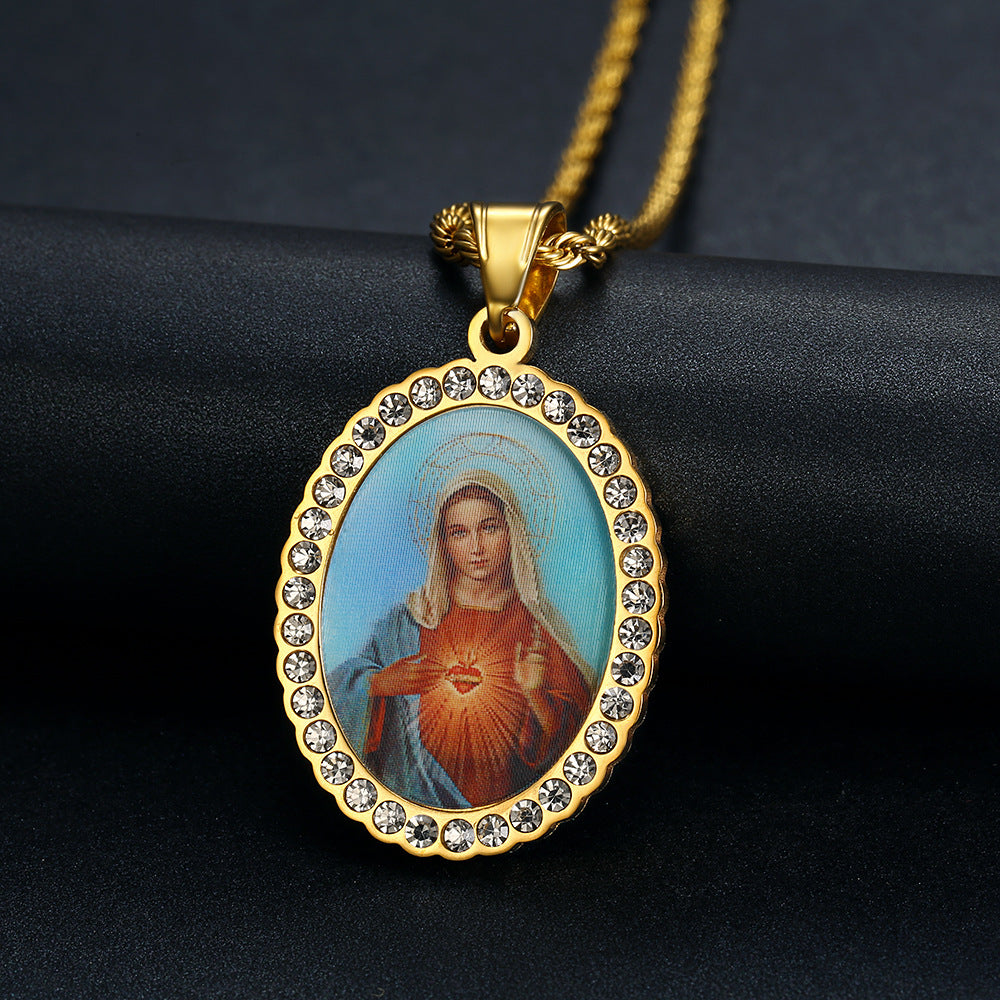 Holy Mother Photo Memorial Titanium Steel Zircon Necklace Amen Artisan