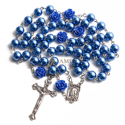 Royal Blue Rosary with Rose Accent, Cross and Saint Medal - Hope, Love & Blessing |  Amen Artisan