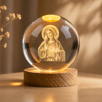 Virgin Mary Crystal Ball Night Light with Warm Wooden Base