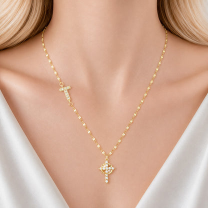 Sparkling Zircon Cross Necklace with A-Z Initial Charm