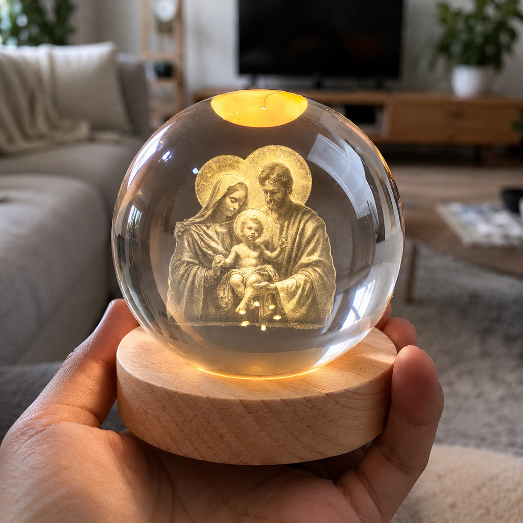 Holy Family Crystal Night Light with Warm Wooden Base — Home Blessing