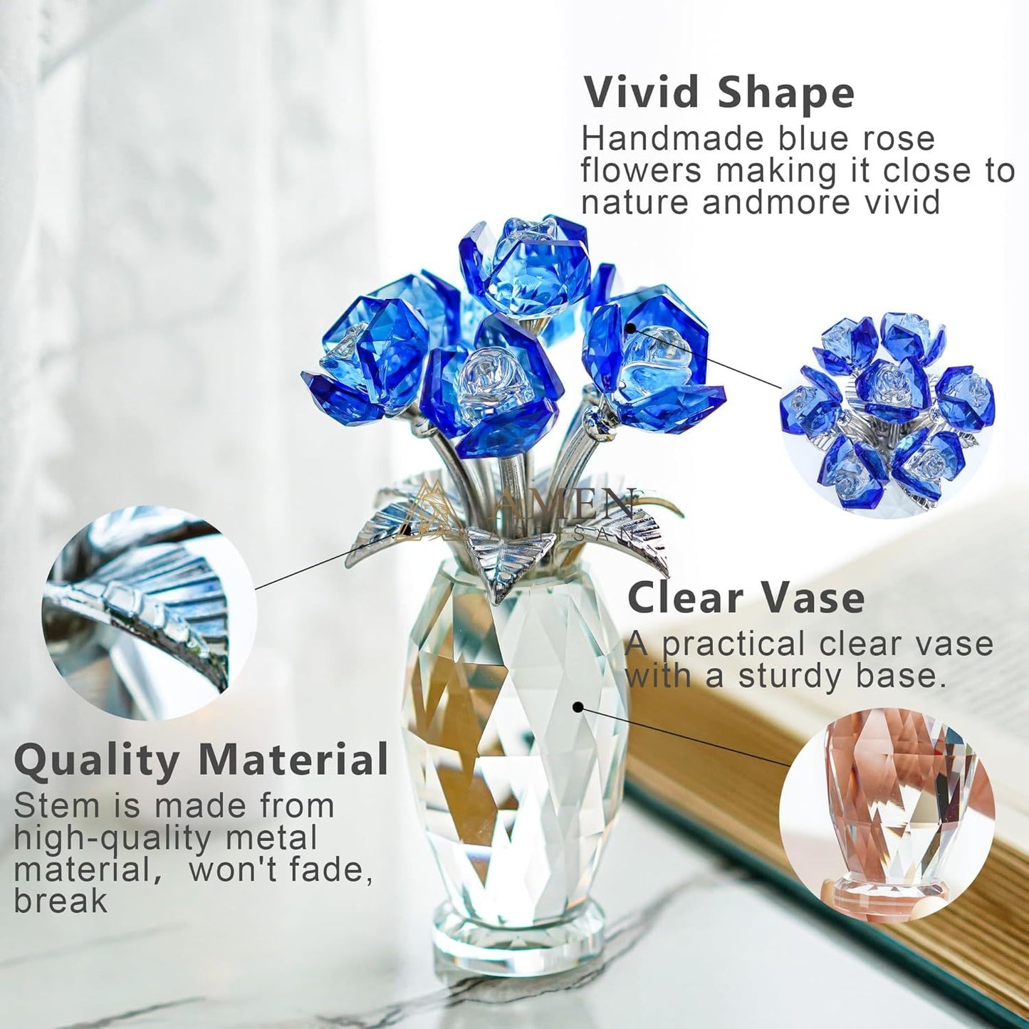 Crystal Blue Rose Statue Amen Artisan
