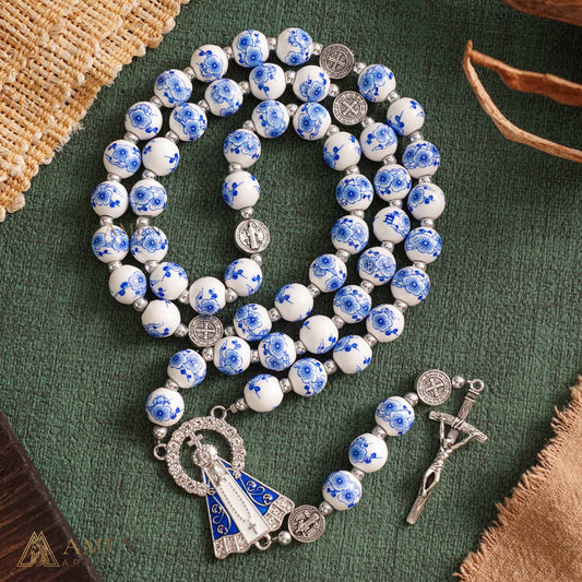 Blue Floral Ceramic Rosary with Marian Pendant and St. Benedict Medals — Grace and Peace | Amen Artisan