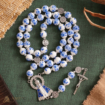 【Limited-Time 50% off】Blue Floral Ceramic Rosary with Marian Pendant and St. Benedict Medals — Grace and Peace | Amen Artisan