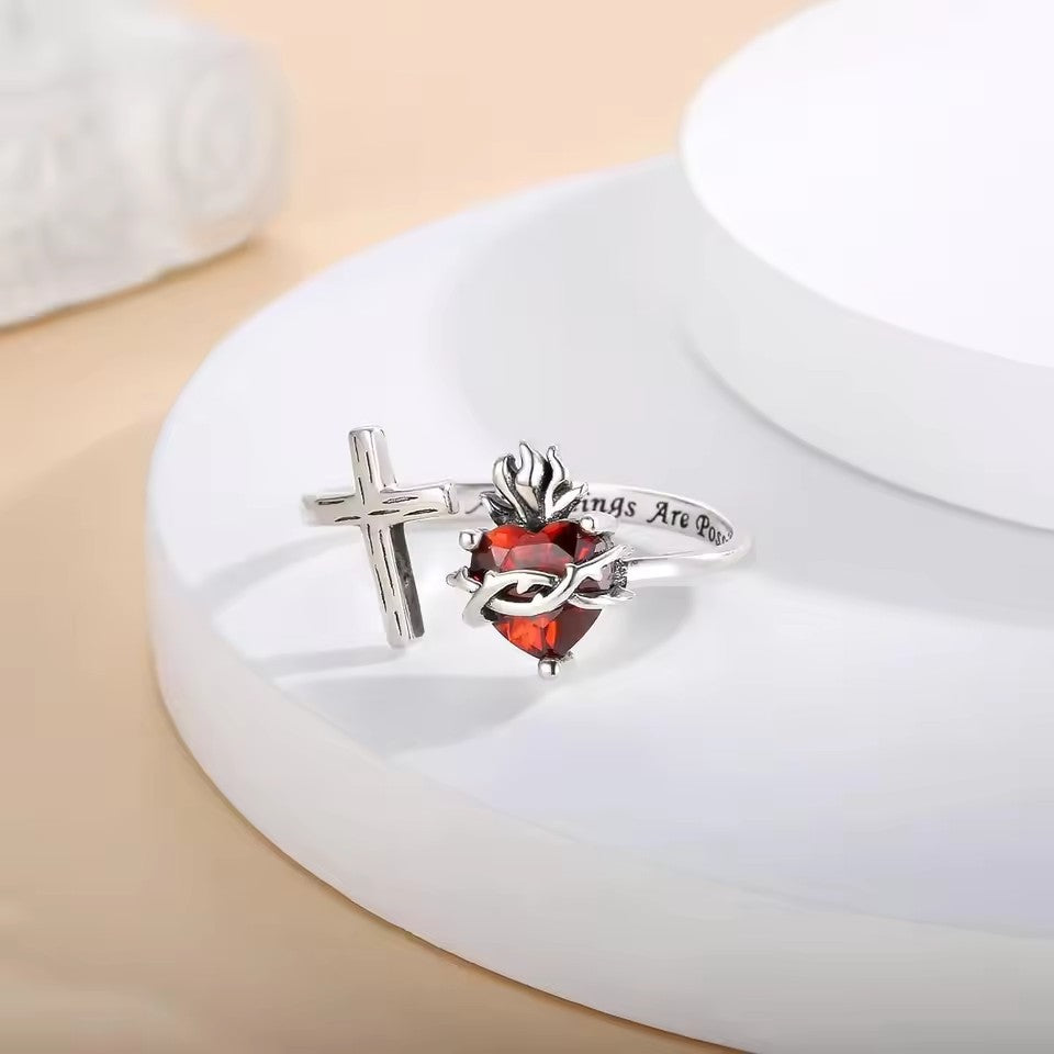 Sacred Heart Cross Open Ring Amen Artisan