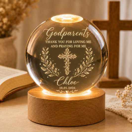 【Deal Today】Personalized Godparents Crystal Night Light with Cross, Name, and Date — Faith Keepsake