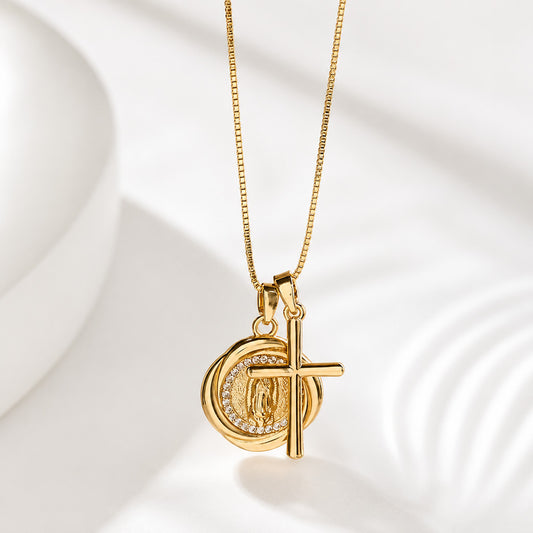【DEAL TODAY】Our Lady Double Pendant Necklace with Cross Charm