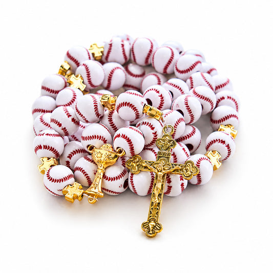 Baseball Rosary with Gold-Tone Crucifix and Cross Spacers