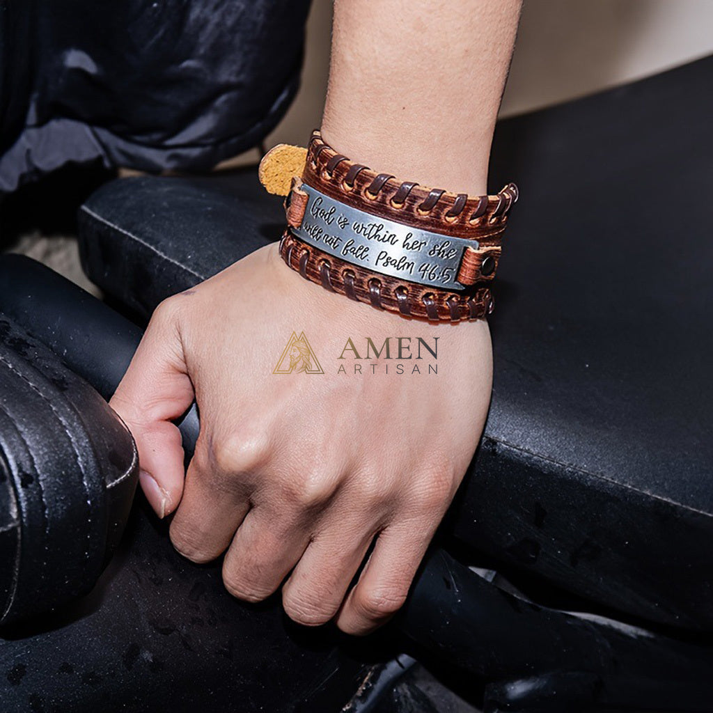 Handwoven Leather Bible Verse Bracelet - Strength, Faith & Protection |  Amen Artisan